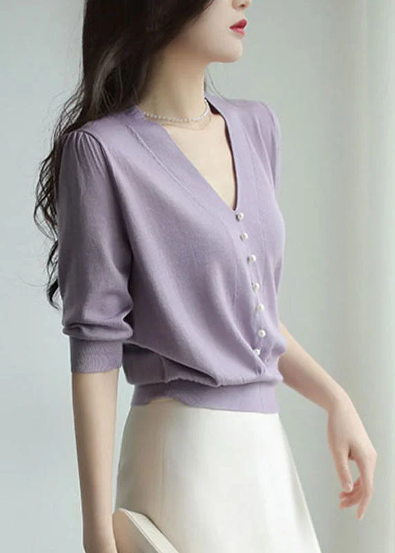 Plus Size Women's Belted Cable Knit SweatersFitted Purple V Neck Nail Bead Patchwork Knit Sweaters Half Sleeve