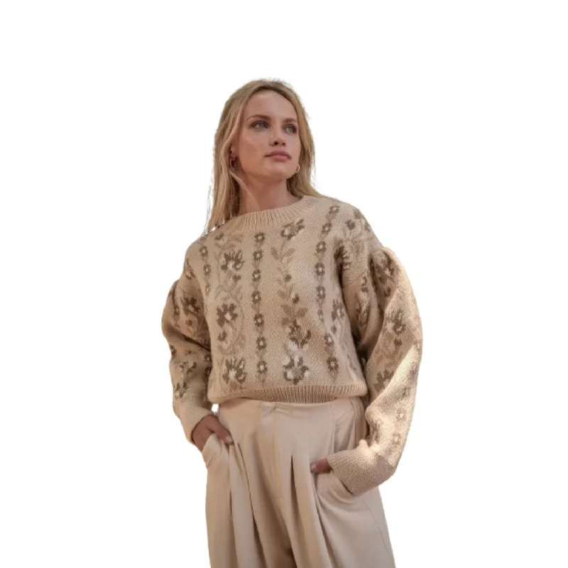 Plus Size Women's Belted Cable Knit SweatersFloral Round Neck Long Sleeve Relax Fit Sweater