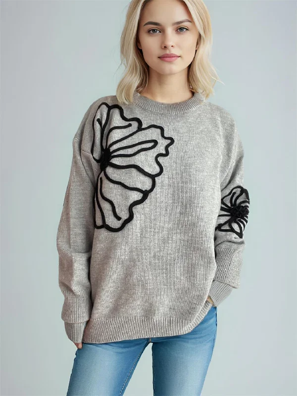 Cropped Women's Angora Blend Sweaters for a Trendy LookFlower Round Neck Long Sleeve Sweater