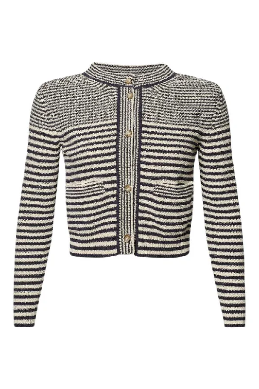 cable knit women cardigan with intricate patternscable knit women cardigan with intricate patternsFrame Denim Compact Stripe Cardigan in Navy Multi