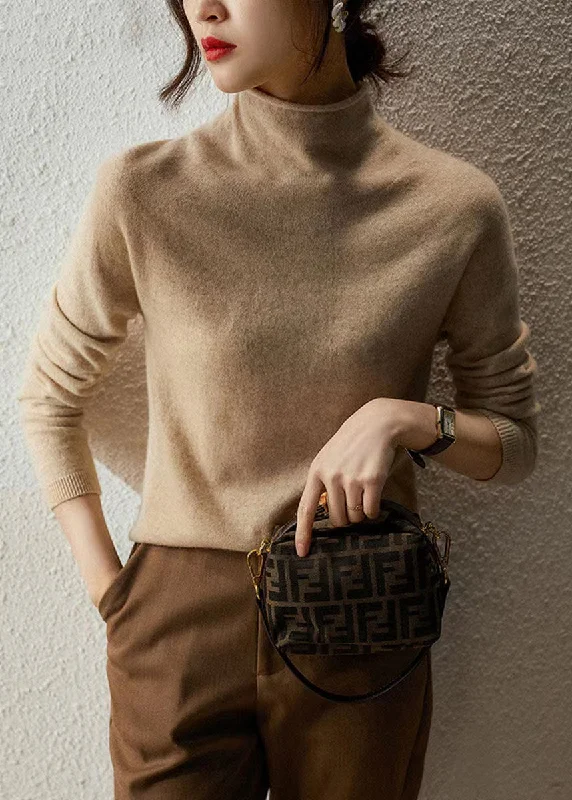 Split - Hem Women's Linen Blend Sweaters for SpringFrench Beige Hign Neck Warm Wool Sweaters Fall