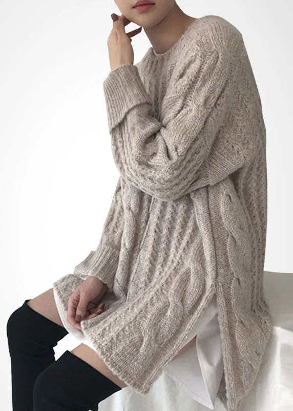 Women's Long Sleeve Turtleneck Cashmere SweatersFrench Beige O-Neck Side Open Wool Cable Knit Long Sweater Winter