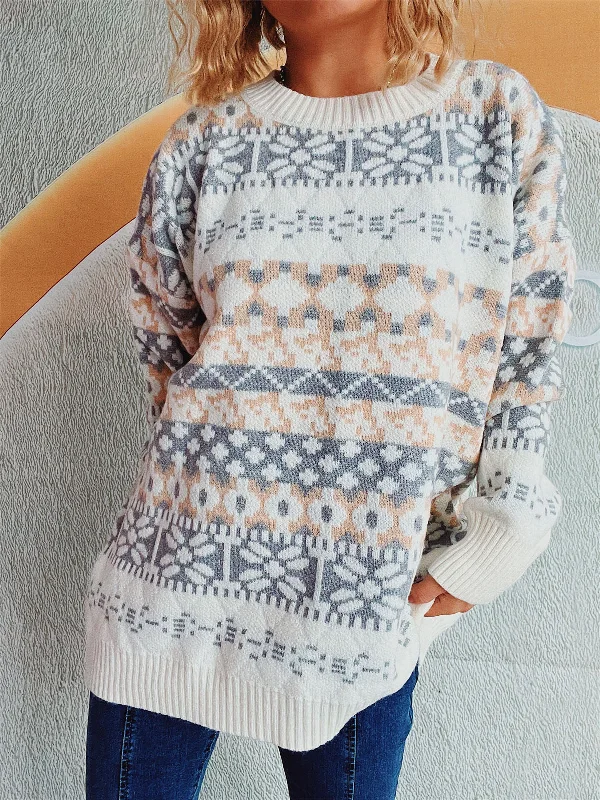 Bell - Sleeve Women's Mohair - Wool Blend SweatersGeometric Round Neck Dropped Shoulder Sweater