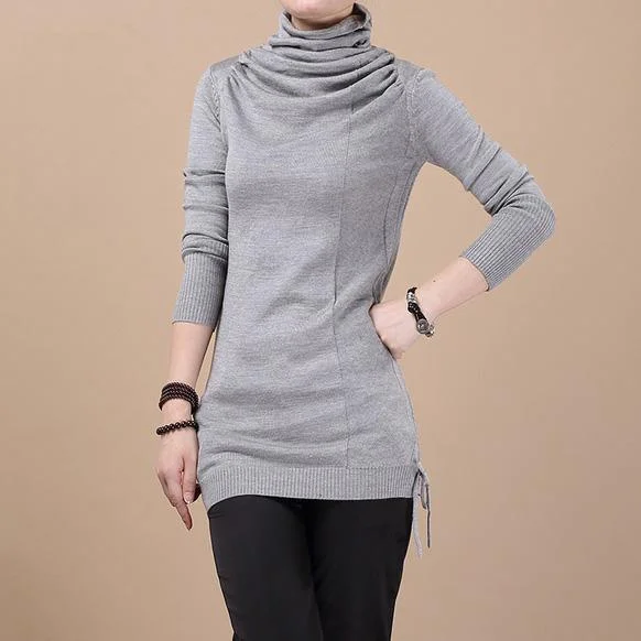 High - Low Hem Women's Cashmere - Blended SweatersGray Tunic drawstring knitted sweater