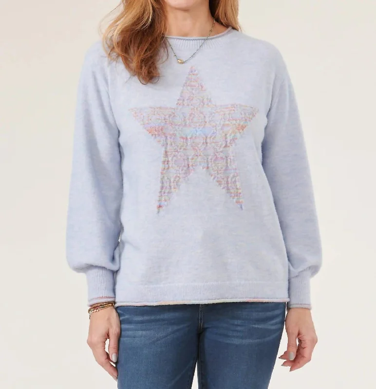 Longline Women's Mohair Sweater Dresses in a Loose FitHigh Round Neck Space Dye Star Sweater In Blue