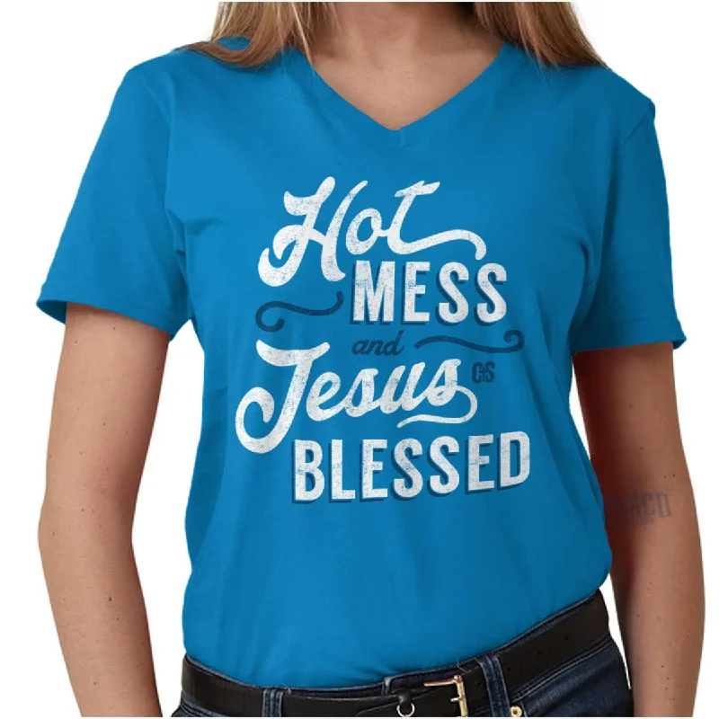 Embroidered Women T Shirt with Intricate DetailsHot Mess Blessed V-Neck T Shirt