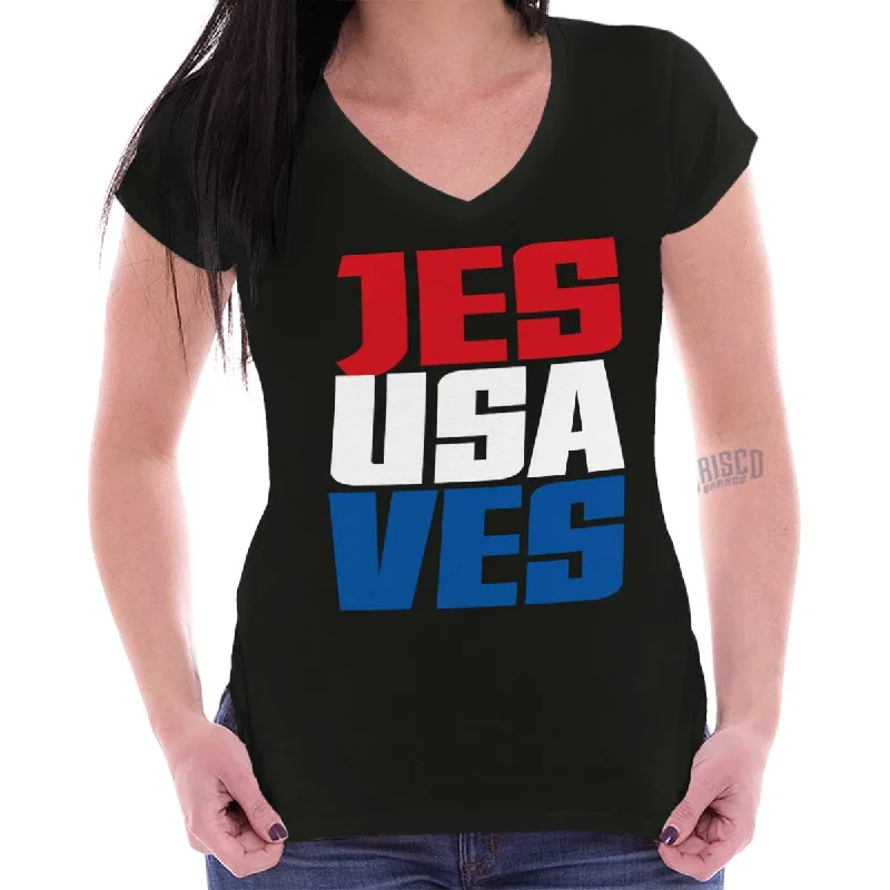 Long Sleeve Women T Shirt for Cooler WeatherJesus Saves USA Junior Fit V-Neck T-Shirt