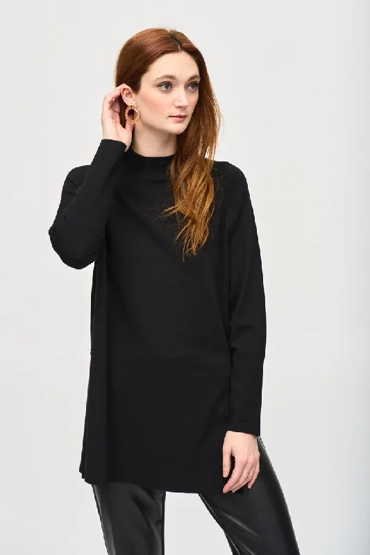 Plus Size Women's Turtleneck Sweater Dresses with Side SlitsJoseph Ribkoff Black Sweater Knit Mock Neck Tunic