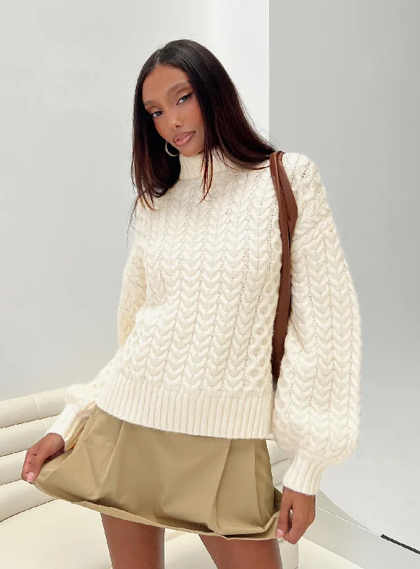 Plus Size Women's Ruffled Hem Sweaters in Floral PrintsJudson Roll Neck Cable Knit Sweater Cream