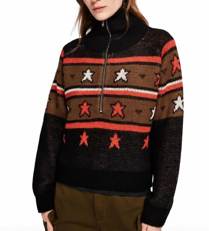 Mock Neck Women's Angora Blend Sweater Dresses in Solid ColorsKnitted Anorak W/ Star Pattern Sweater In Multi