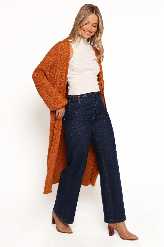 long length women cardigan with side slitslong length women cardigan with side slitsMakenna Long Open Front Cardigan - Rust