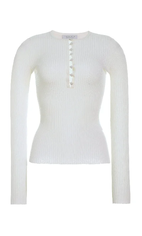 V - Neck Women's Ribbed Wool Sweaters for FallMirta Knit Sweater in Ivory Merino Wool