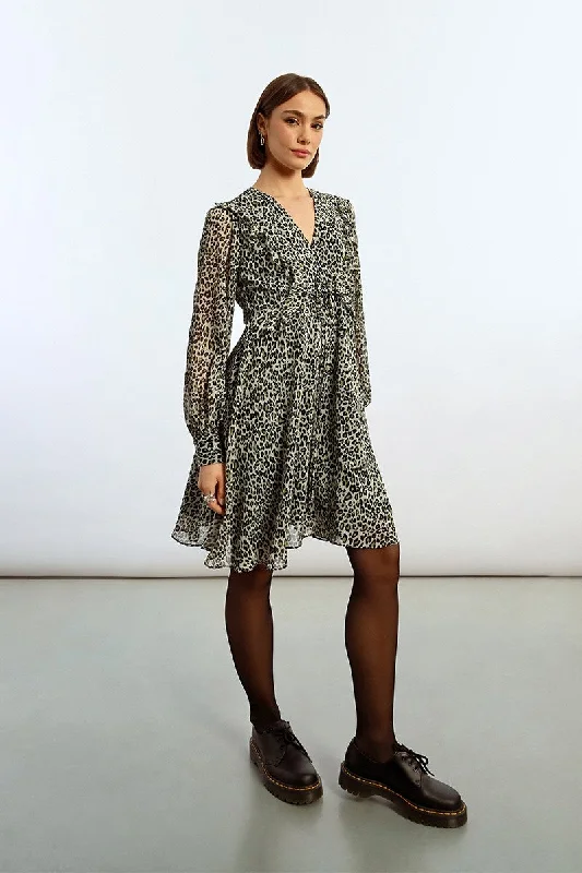 V - Neck Women's Ribbed Sweater Dresses with Belt for a Defined WaistLili Sidonio Short Animal Print Dress