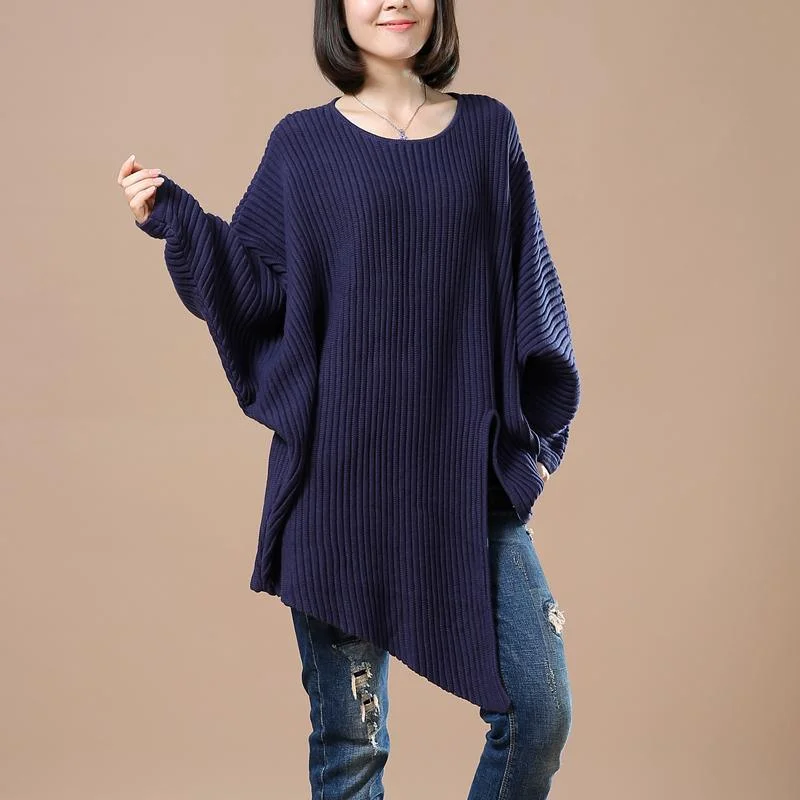 Wrap - Style Women's Lambswool Sweater Dresses in Elegant ShadesNavy woman sweaters open hem knitted blouse