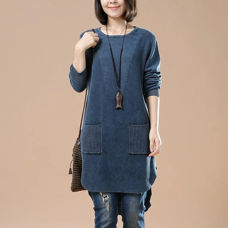 Plus Size Women's Tunic - Style Sweater Dresses with PocketsNew blue pocket causal sweaters oversized knit blouse