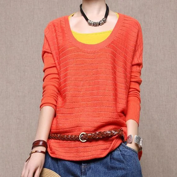 V - Neck Women's Ribbed Sweater Dresses with Belt for a Defined WaistOrange woolen sweater top