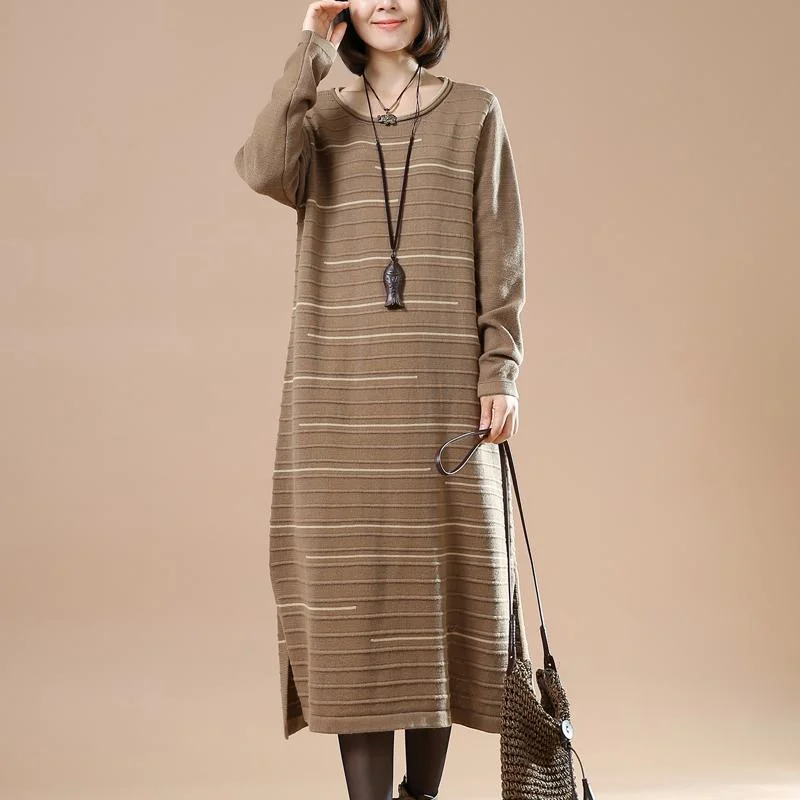 V - Neck Women's Ribbed Wool Sweaters for FallOriginal Khaki long knit dresses winter sweaters people coming and going