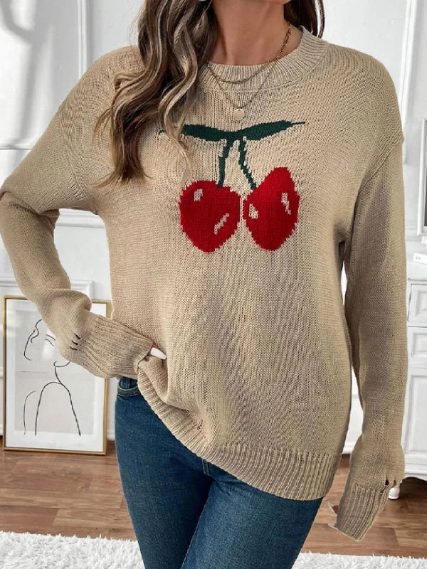 Plus Size Women's Oversized Chunky Knit SweatersPerfee Cherry Round Neck Long Sleeve Sweater
