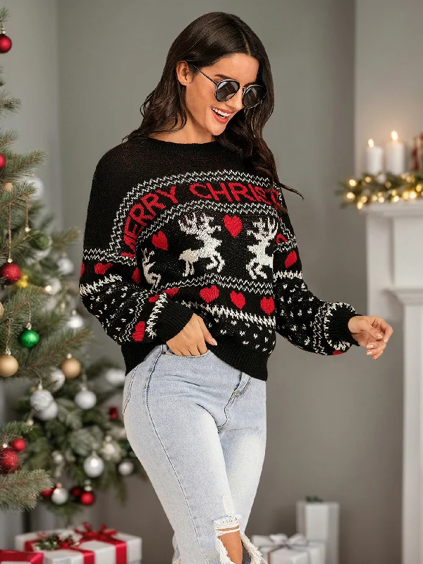 Mini - Length Women's Chunky Knit Sweater Dresses in Bold HuesPerfee Christmas Element Round Neck Sweater