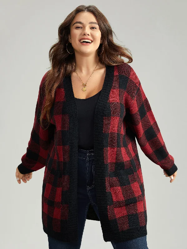 oversized women cardigan for a trendy and cozy lookoversized women cardigan for a trendy and cozy lookPlaid Patched Pocket Loose Cardigan