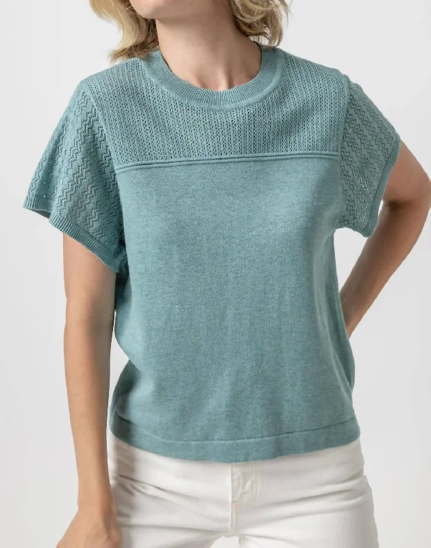 Tie - Front Women's Lambswool Sweaters in Pastel HuesPointelle Crewneck Sweater In Sea Blue