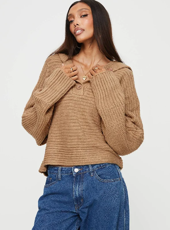 Short Sleeve Women's Cotton Blend Sweaters in Pastel ColorsPraiano Button Front Collared Sweater Latte