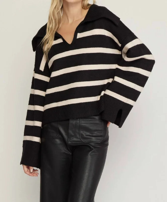 Plus Size Women's Side - Slit Sweaters in Bold SolidsSailing Away Sweater In Black