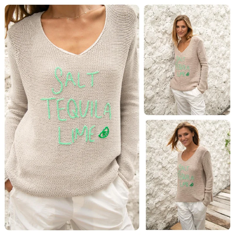 Short Sleeve Women's Cotton Blend Sweaters in Pastel ColorsSalt Tequila Lime V Neck Cotton Sweater In Khaki