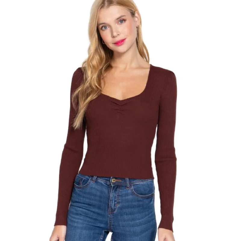 Short Sleeve Women's Cotton Blend Sweaters in Pastel ColorsShirring Sweatheart Neck Sweater