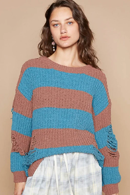 Tie - Front Women's Lambswool Sweaters in Pastel HuesStriped Distressed Long Sleeve Sweater