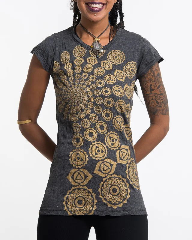 Crop Top Women T Shirt to Pair with High - Waisted BottomsWomens Chakra Fractal T-Shirt in Gold on Black