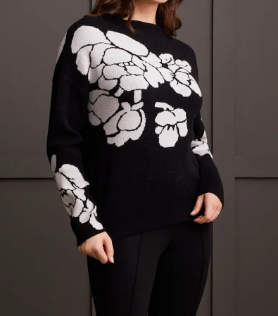 Plus Size Women's Open - Front Cardigan Style Sweater DressesTribal Floral Print Black  Funnel Neck Sweater