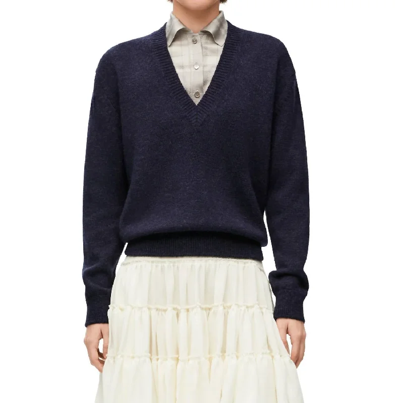 Bell - Sleeve Women's Mohair - Wool Blend SweatersTrompe L'oeil Sweater In Navy/grey