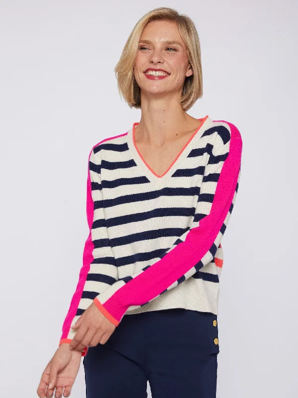 Plus Size Women's Ruffled Hem Sweaters in Floral PrintsVilagallo V Neck Striped Sweater