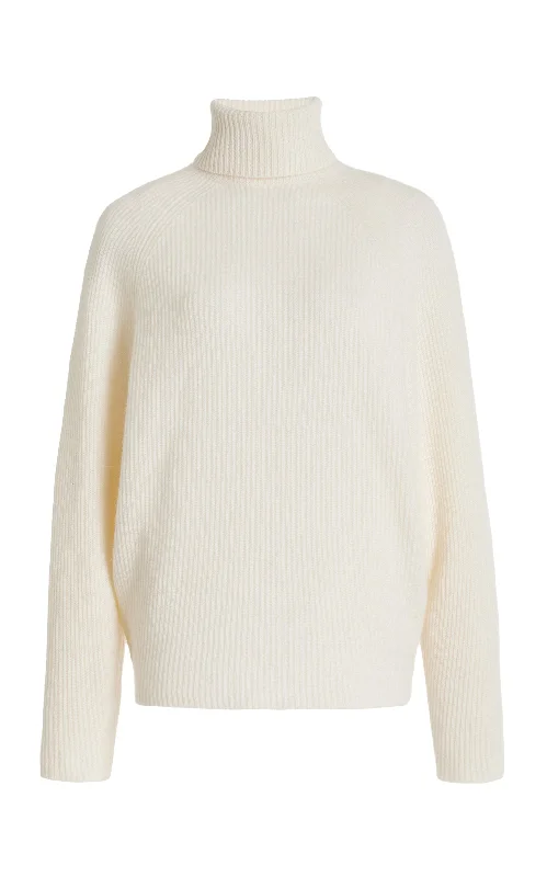 Split - Hem Women's Linen Blend Sweaters for SpringWigman Knit Turtleneck Sweater in Ivory Cashmere