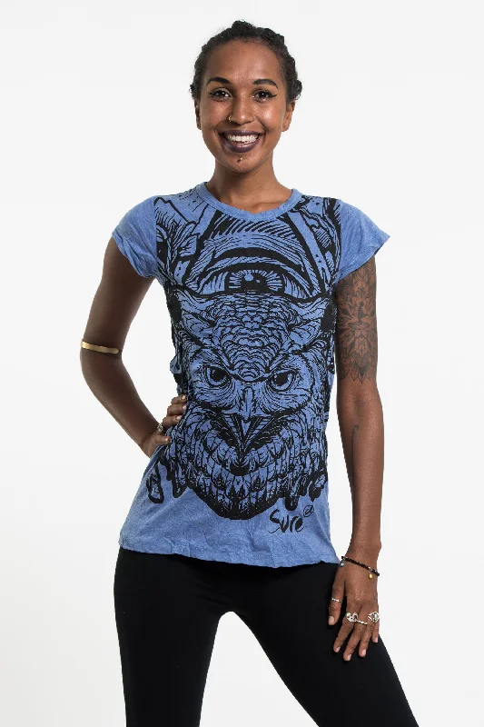 Puff Sleeve Women T Shirt for a Fashion - Forward LookWomens All Seeing Owl T-Shirt in Blue