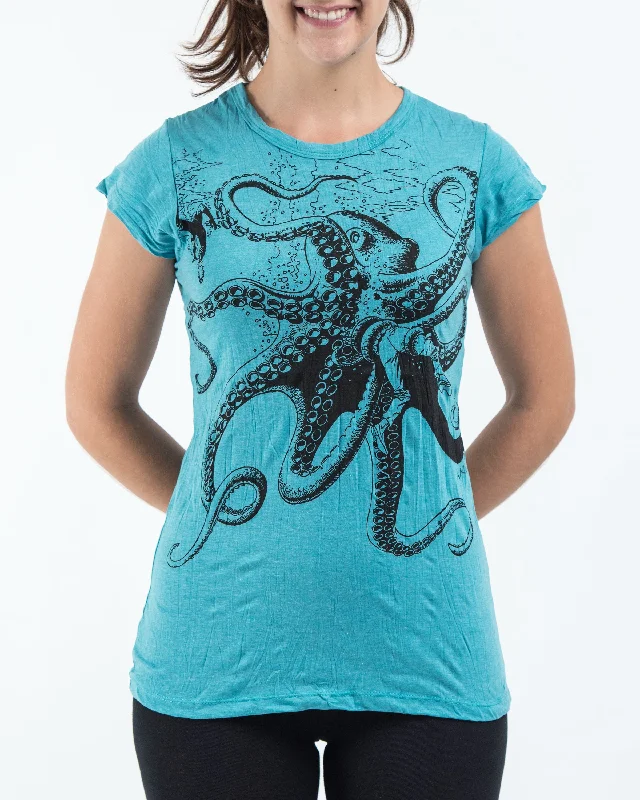 Puff Sleeve Women T Shirt for a Fashion - Forward LookWomens Octopus T-Shirt in Turquoise