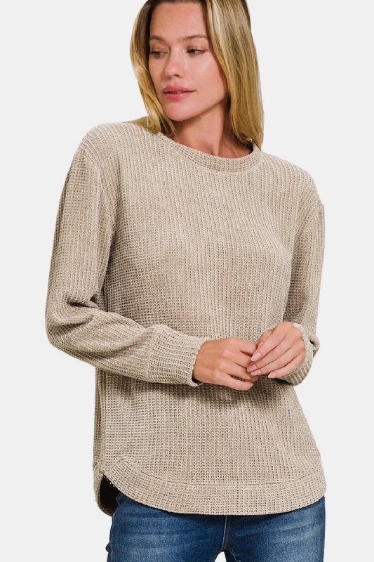 V - Neck Women's Ribbed Wool Sweaters for FallZenana Chenille Waffle Round Neck Sweater