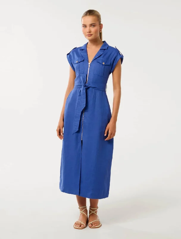 Strapless Women Dress with a Built - in Bra for Comfort and SupportAlison Linen Front Pocket Zip Utility Midi Dress