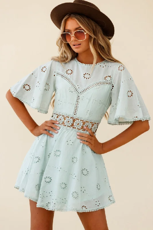 Lace - Embellished Women Dress for an Elegant and Sophisticated AppearanceAnais Fluted Sleeve Exposed Back Broderie Anglaise Dress Sage