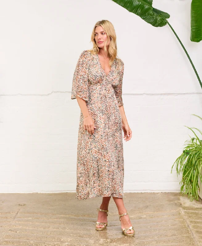 Strapless Women Dress with a Built - in Bra for Comfort and SupportLeopard Printed Shimmer Midi Dress