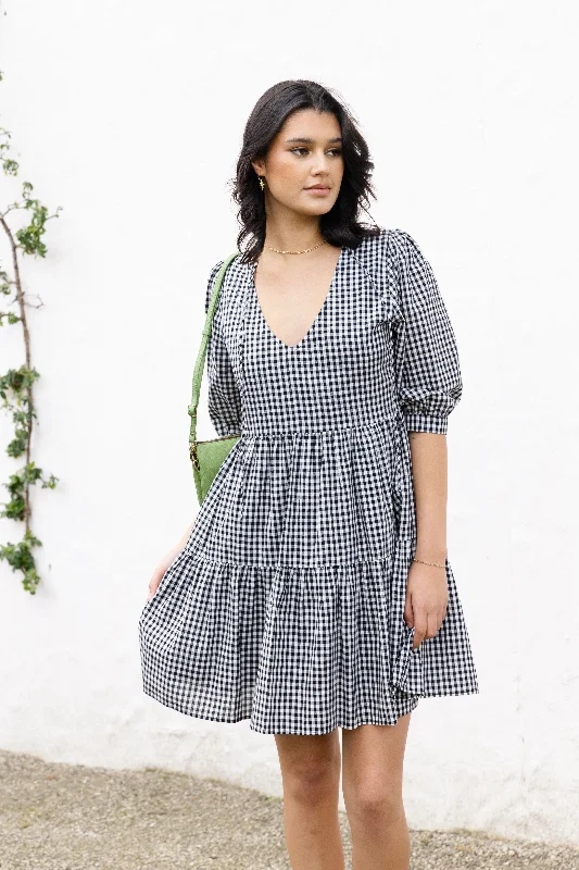 Printed Abstract Women Dress for a Modern and Artistic AppealAnytime Black Gingham Tie Back Ss Puff Sleeve Tiered Mini Dress