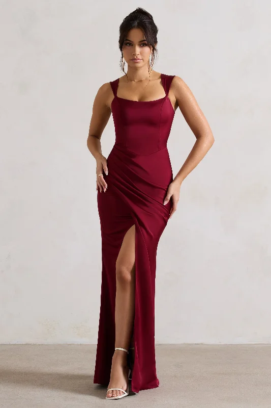 Sheath Women Dress with a Tailored Fit for a Professional LookA Romantic | Berry Satin Corset Wrap Maxi Dress