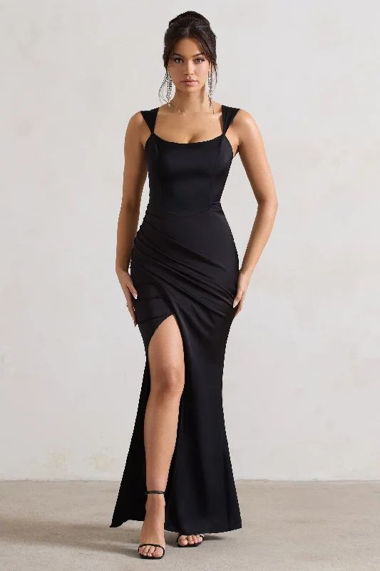 Little Black Women Dress with Sequins for a Glamorous Night OutA Romantic | Black Satin Corset Wrap Maxi Dress