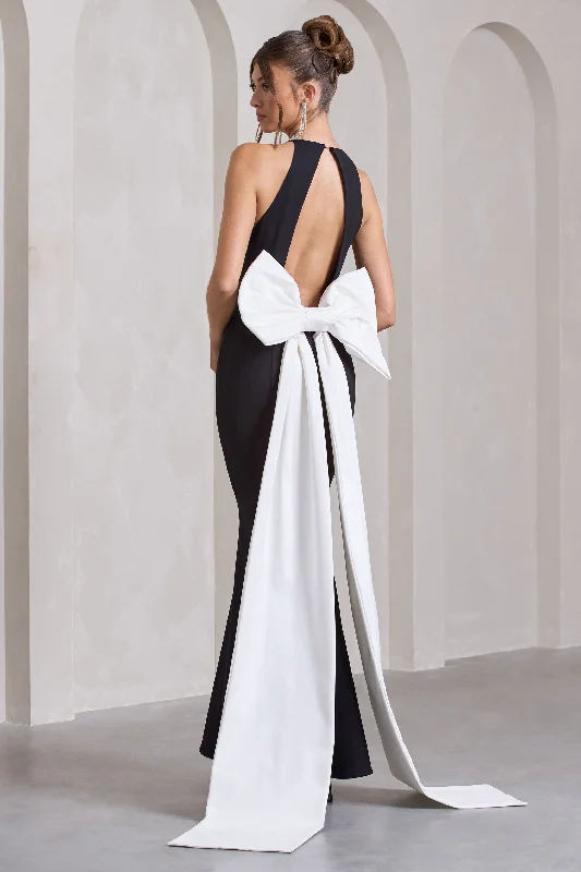 Sleeveless Women Dress in Bright Colors for Summer PartiesBestow | Black Open-Back Maxi Dress With Oversized White Bow