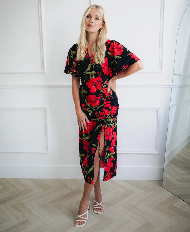 Printed Abstract Women Dress for a Modern and Artistic AppealBlack and Red Floral Wrap Midi Dress