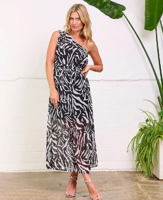 Shift Women Dress with a Simple and Classic Design for Everyday WearBlack Animal One Shoulder Midi Dress
