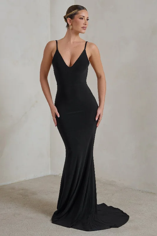 Strapless Women Dress with a Built - in Bra for Comfort and SupportEndless Love | Black Backless Knot Detail Fishtail Maxi Dress