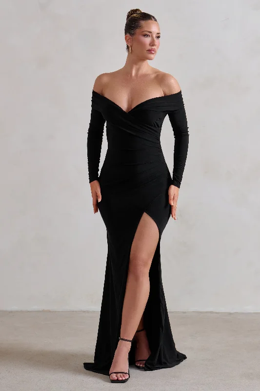 Strapless Women Dress with a Built - in Bra for Comfort and SupportOne Moment | Black Bardot Wrap Ruched Split Maxi Dress