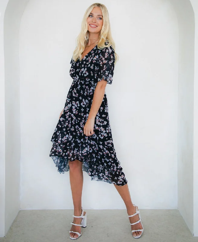 Shift Women Dress with a Simple and Classic Design for Everyday WearBlack Floral Chiffon Tiered Midi Dress